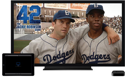A TV showing a baseball game, and in front of it are an iPad Air and Apple TV
